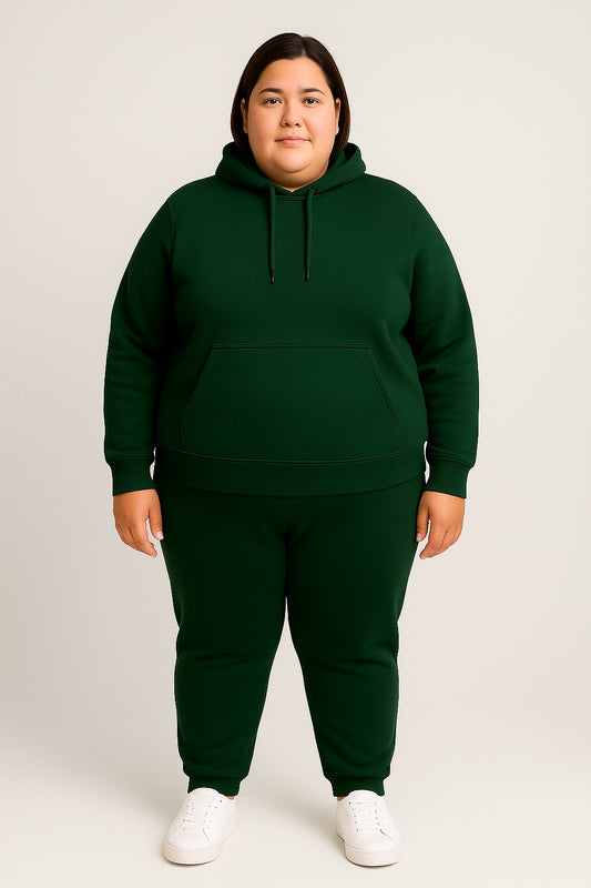 Women’s Plus-Size Hoodie Tracksuit Set – Forest Green (Polyester Fleece)