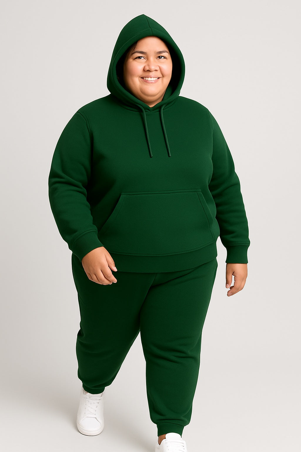 Women’s Plus-Size Hoodie Tracksuit Set – Forest Green (Polyester Fleece)