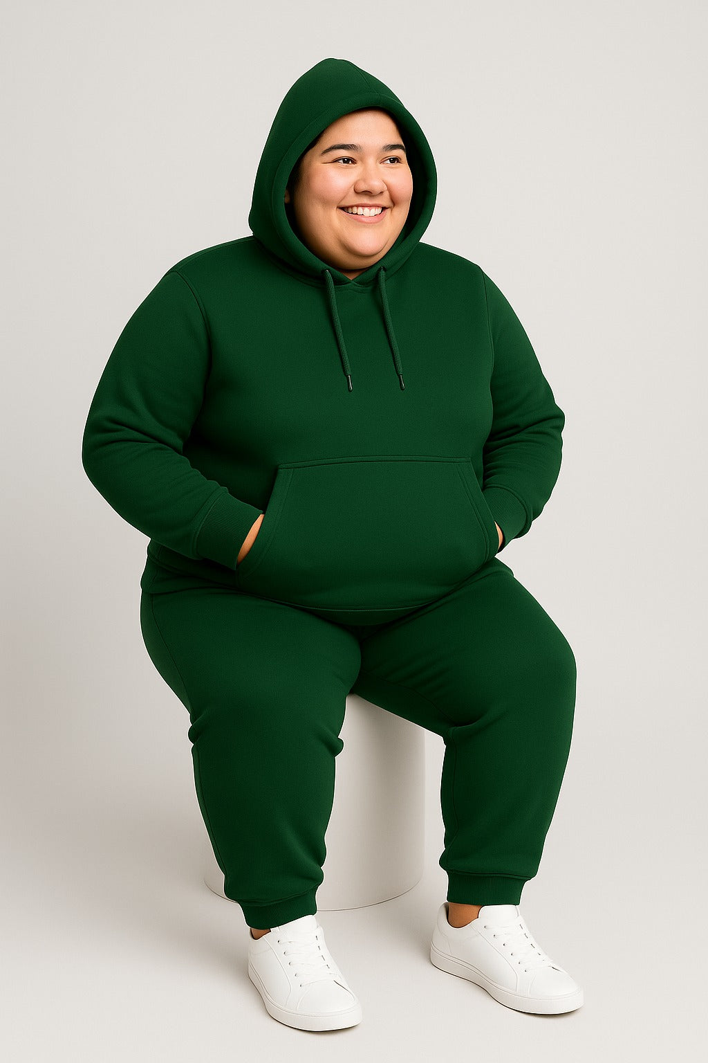Women’s Plus-Size Hoodie Tracksuit Set – Forest Green (Polyester Fleece)