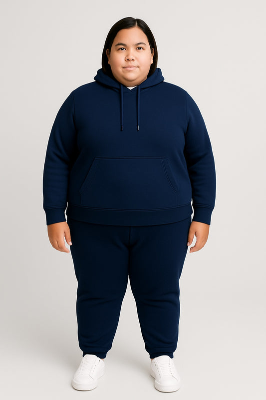 Women’s Plus-Size Hoodie Tracksuit Set – Navy Blue (Polyester Fleece)