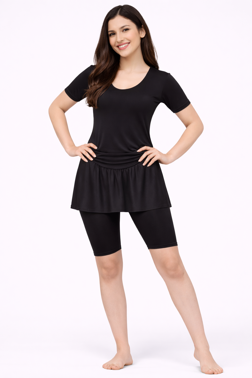 Women Solid Black Swim Dress with Shorts