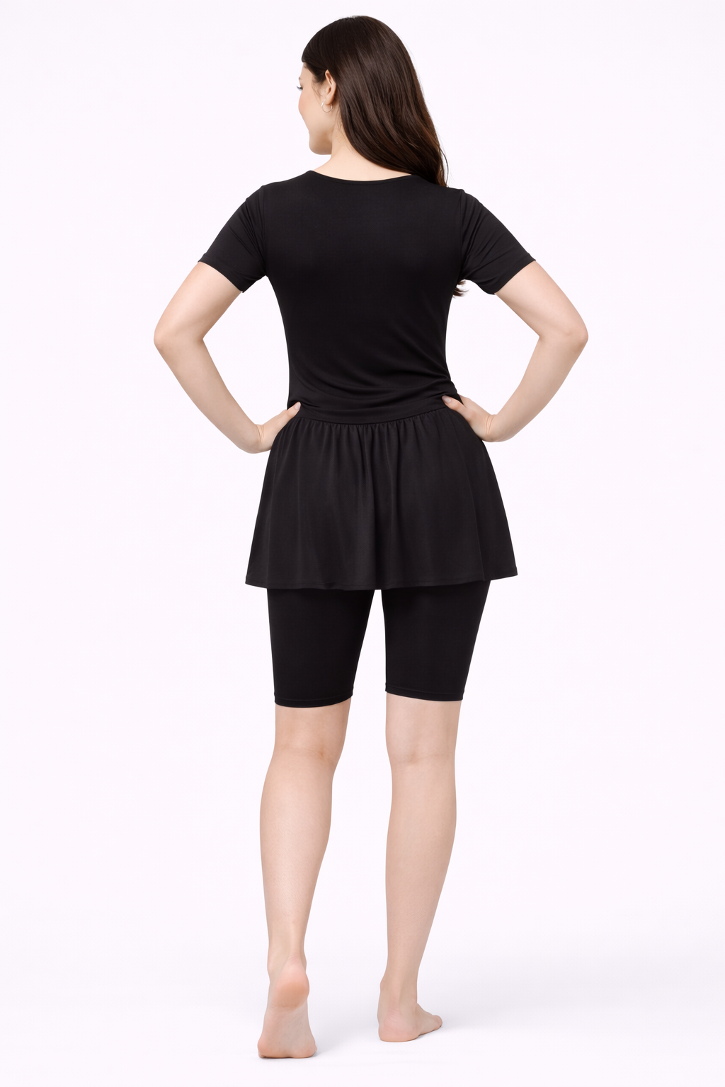 Women Solid Black Swim Dress with Shorts