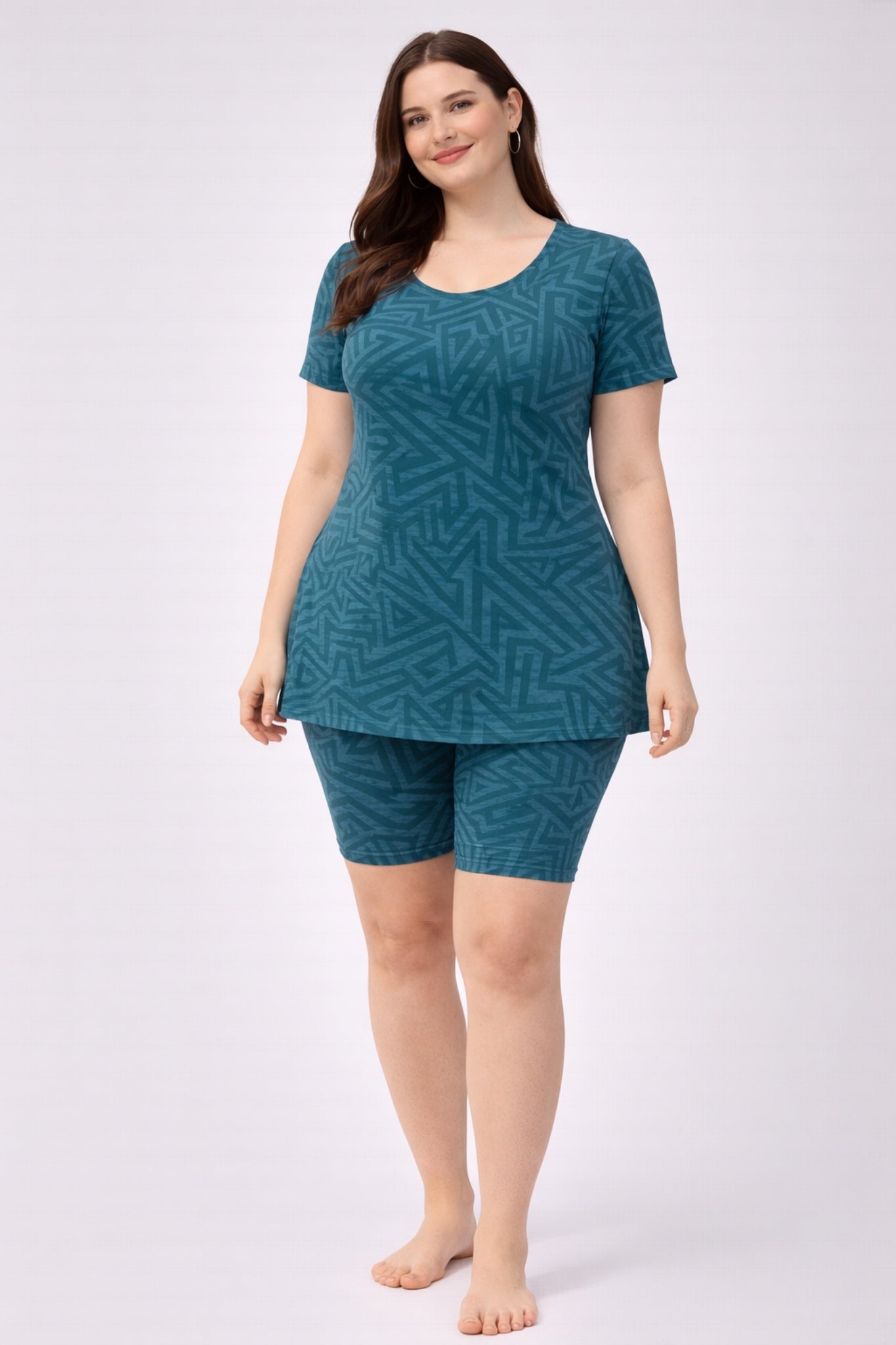 Women Modest Swimwear Top &amp; Shorts Set – Teal Print