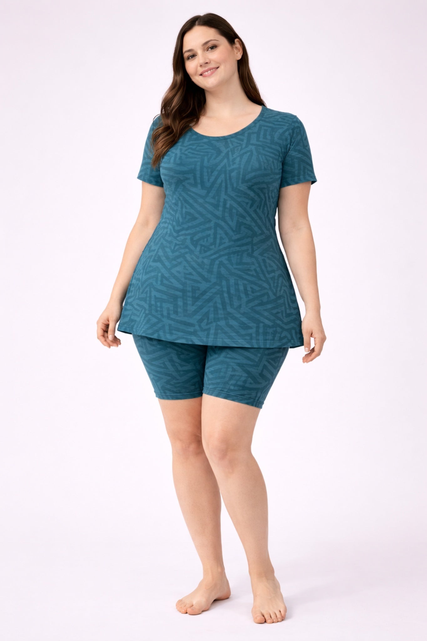 Women Modest Swimwear Top &amp; Shorts Set – Teal Print