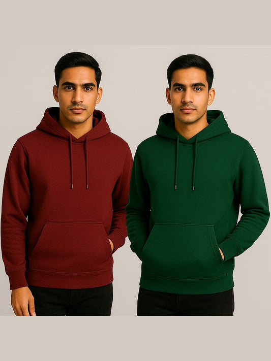 Men’s Solid Pullover Hoodie Pack of 2 – Maroon & Forest Green (Matty Polyester Fleece)