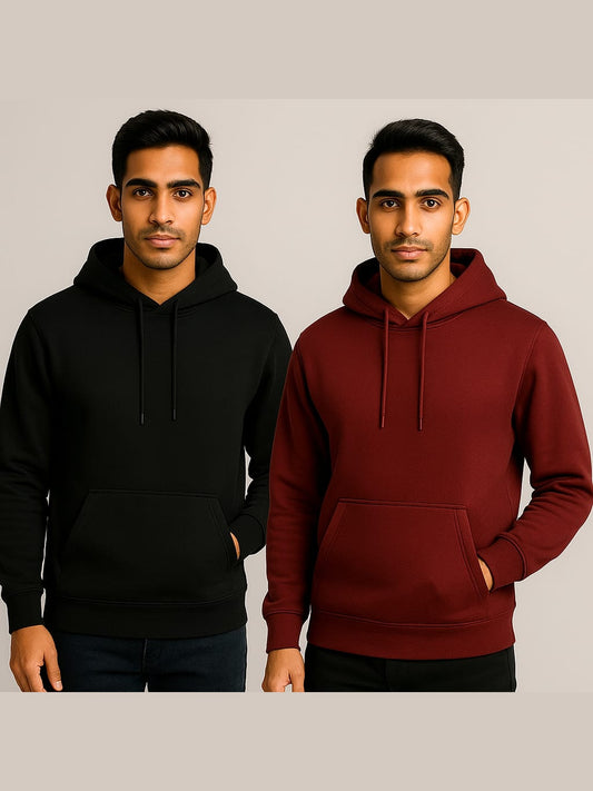 Men’s Solid Pullover Hoodie Pack of 2 – Black & Maroon (Matty Polyester Fleece)