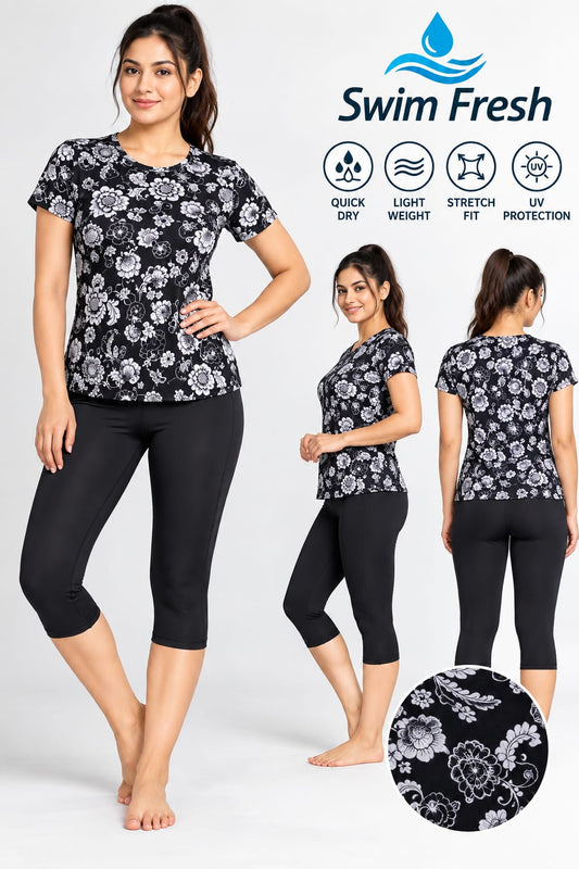 Women’s Printed Swim T-Shirt with Capri Leggings | Quick Dry | Stretch Fit | UV Protection