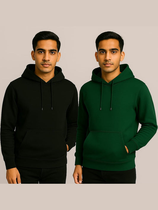 Men’s Solid Pullover Hoodie – Black & Forest Green (Matty Polyester Fleece)