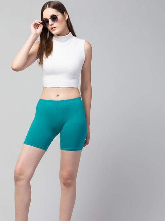 Women Solid Rama Green Mid-Rise Gym Short Brief