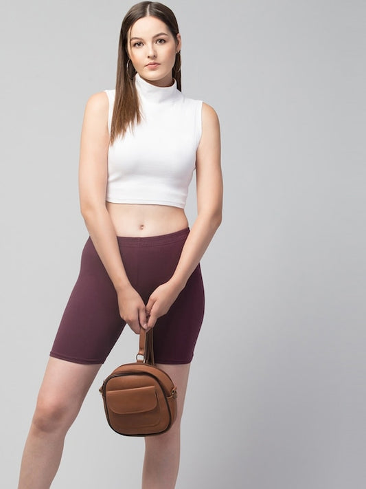 Women Solid Dark Maroon  Mid-Rise Gym Short Brief