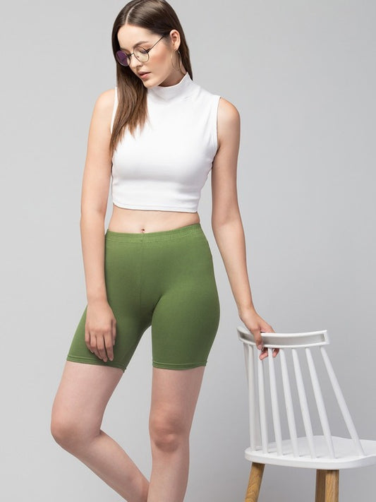 Women Solid Dark Green Mid-Rise Gym Short