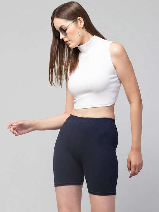 Women Solid Navy Blue Mid-Rise Gym Short Brief