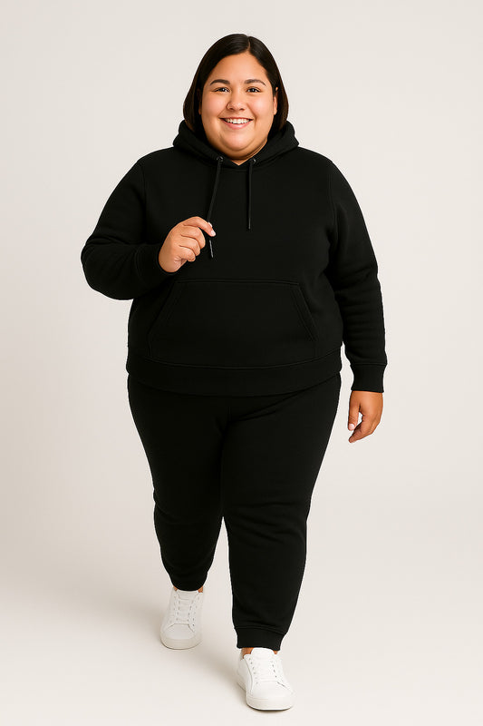 Women’s Plus-Size Hoodie Tracksuit Set – Black (Polyester Fleece)