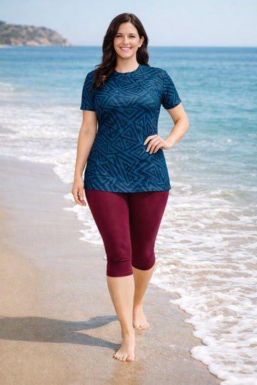 Women Teal Geometric Print Swim Top with Maroon Capri Swim Leggings Set