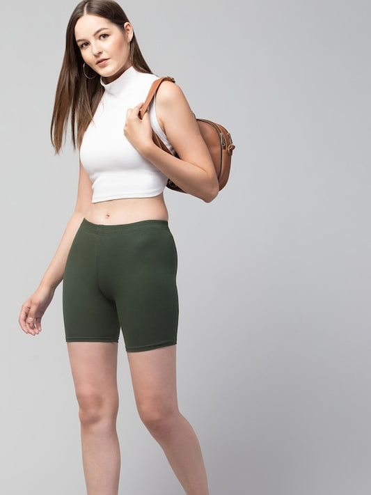 Women Solid Olive Mid-Rise Short Brief