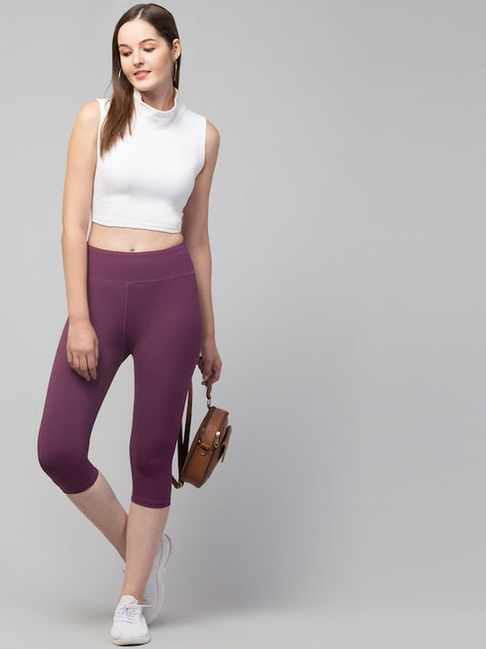 Women Purple Solid Dry Fit Yoga Capri Tights