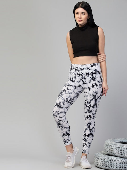 Women White & Black Printed Dry-Fit Ankle-Length Running Tights