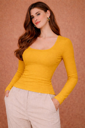 Women Solid Ribbed Square Neck Full Sleeve Fitted Top