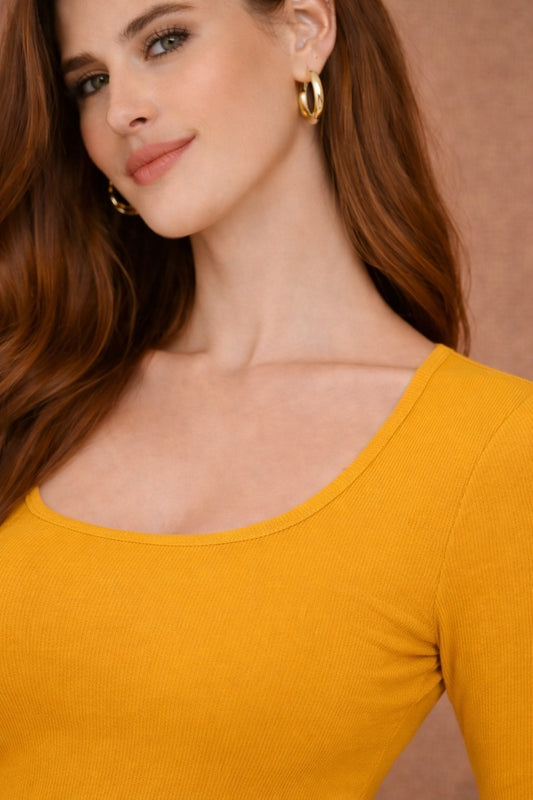 Women Solid Ribbed Square Neck Full Sleeve Fitted Top