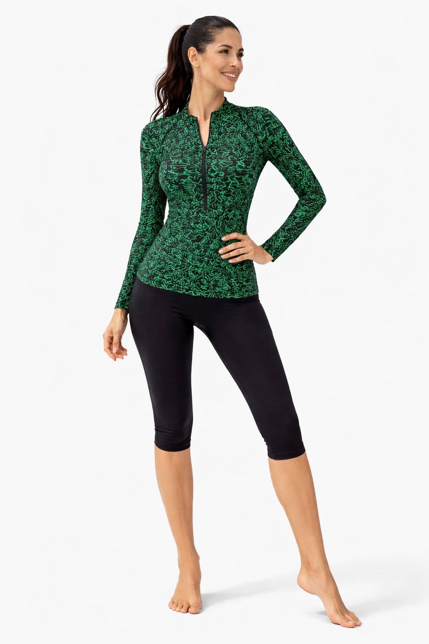Women Abstract Printed Full Sleeve Zipper Rash Guard Swim Top with Black Capri Leggings
