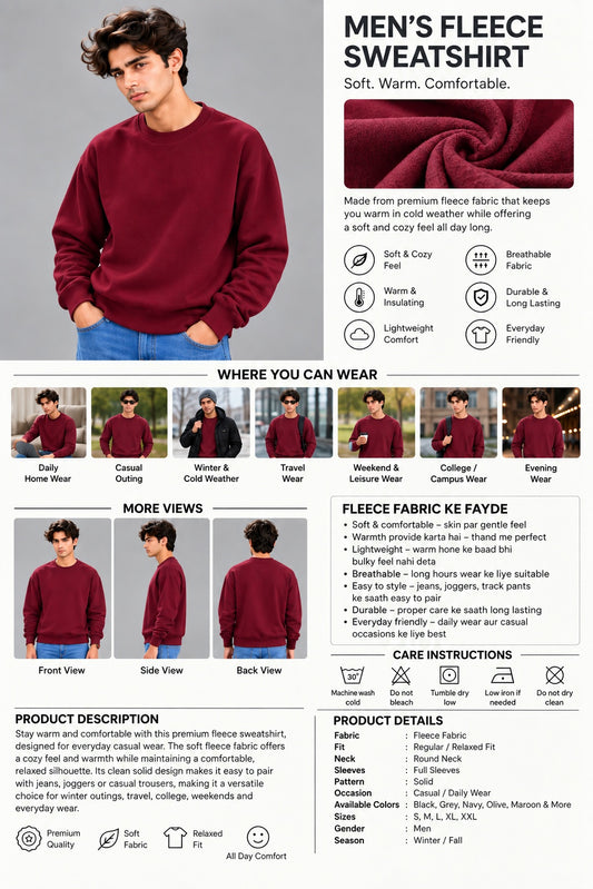 Men’s Solid Maroon Oversized Crew Neck Sweatshirt