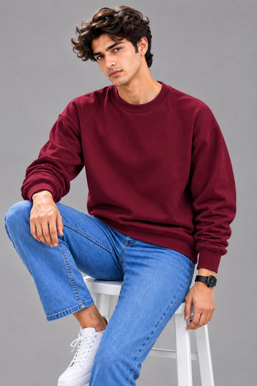 Men’s Solid Maroon Oversized Crew Neck Sweatshirt