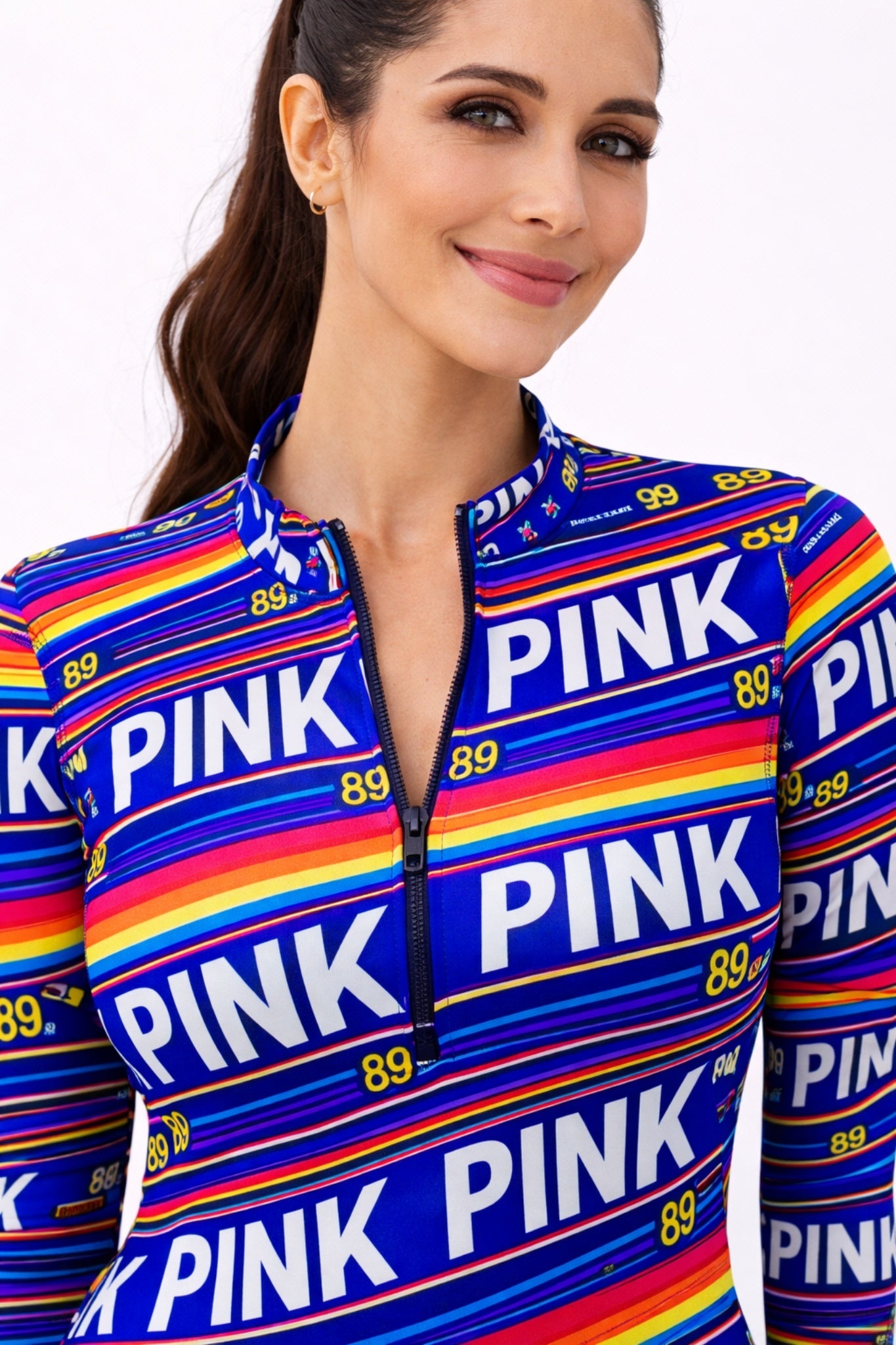 Women Multicolor Printed Full Sleeve Zipper Rash Guard Swim Top
