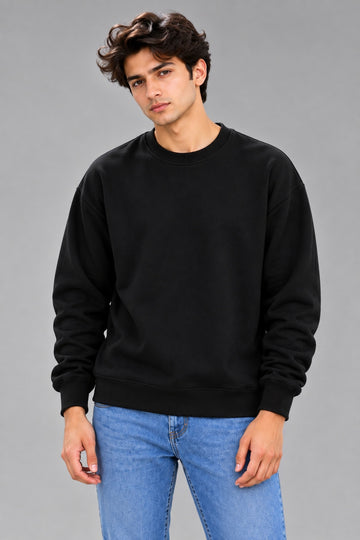 Men’s Solid Black Oversized Crew Neck Sweatshirt