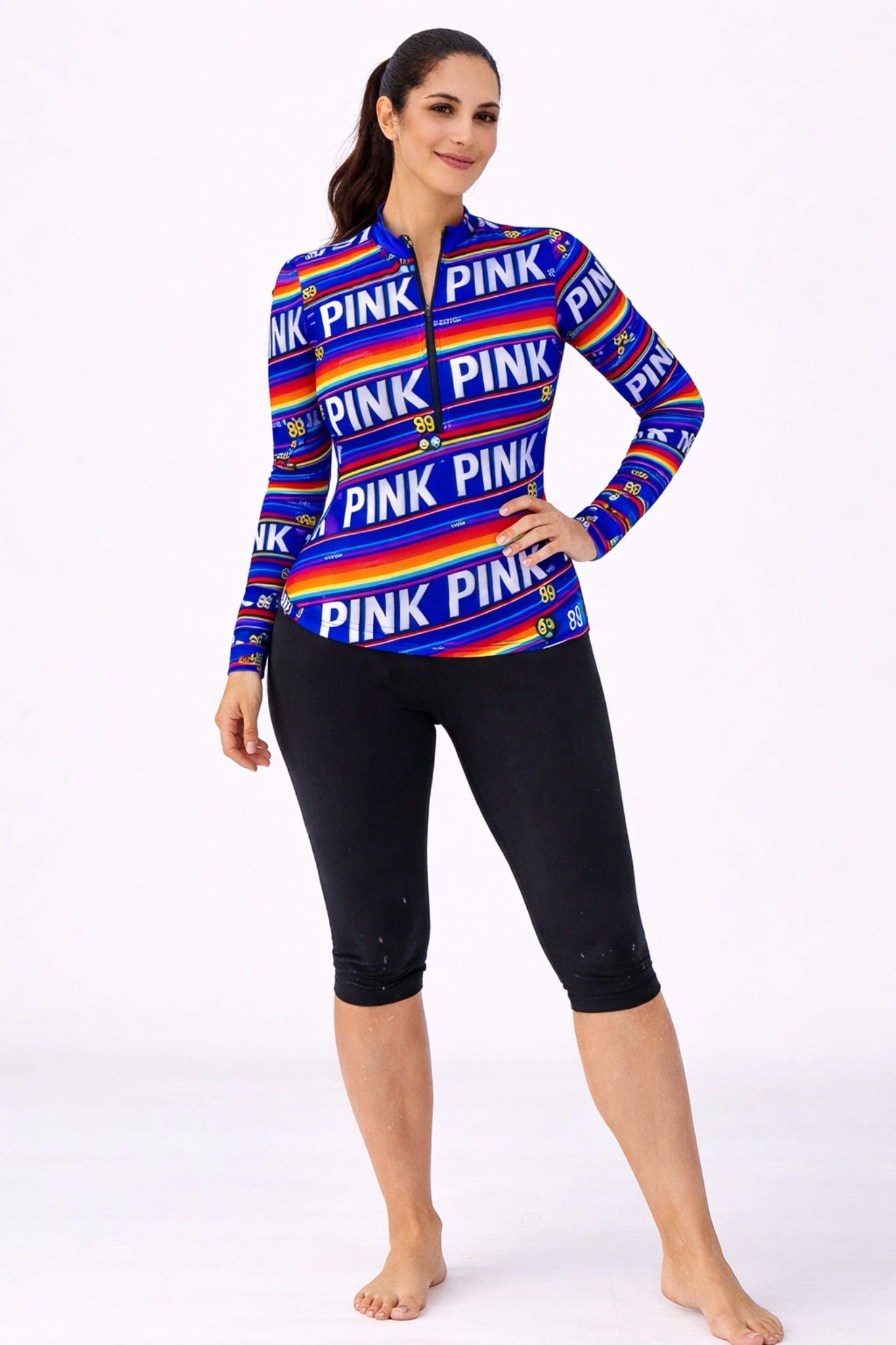 Women Full Sleeve Zipper Swim Top with Capri Swim Leggings – Multicolor Print