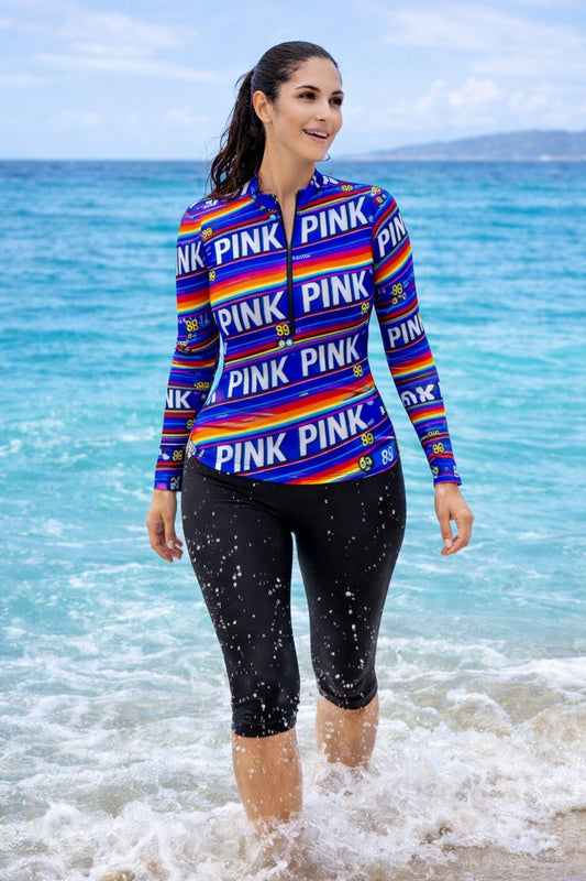 Women Full Sleeve Zipper Swim Top with Capri Swim Leggings – Multicolor Print