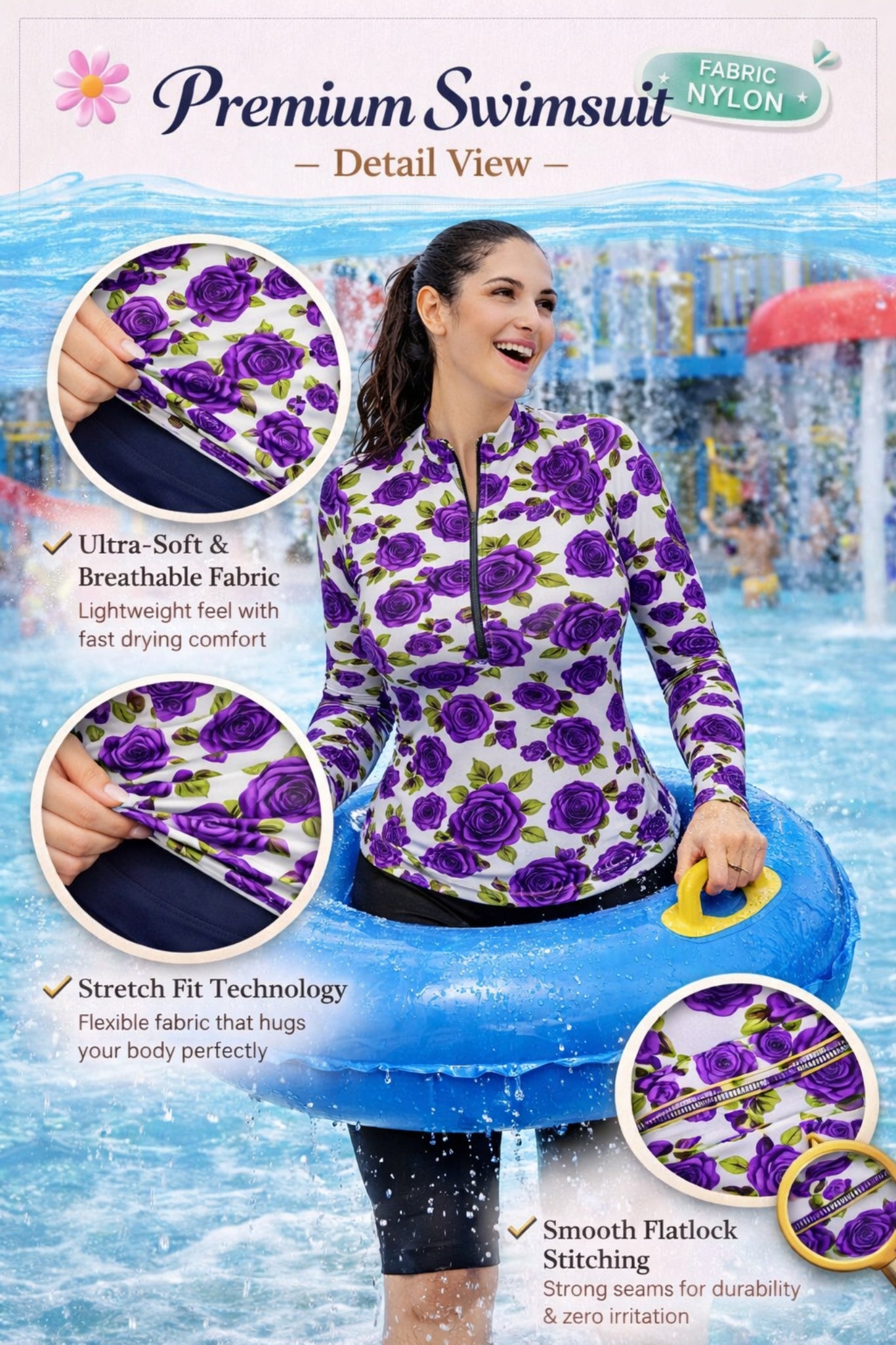 Women Floral Full Sleeve Zipper Swim Top with Capri Swim Leggings