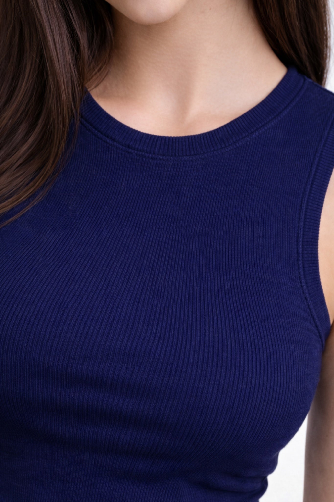 Women Solid Navy Blue Ribbed Sleeveless Stretchable Casual Crop Top