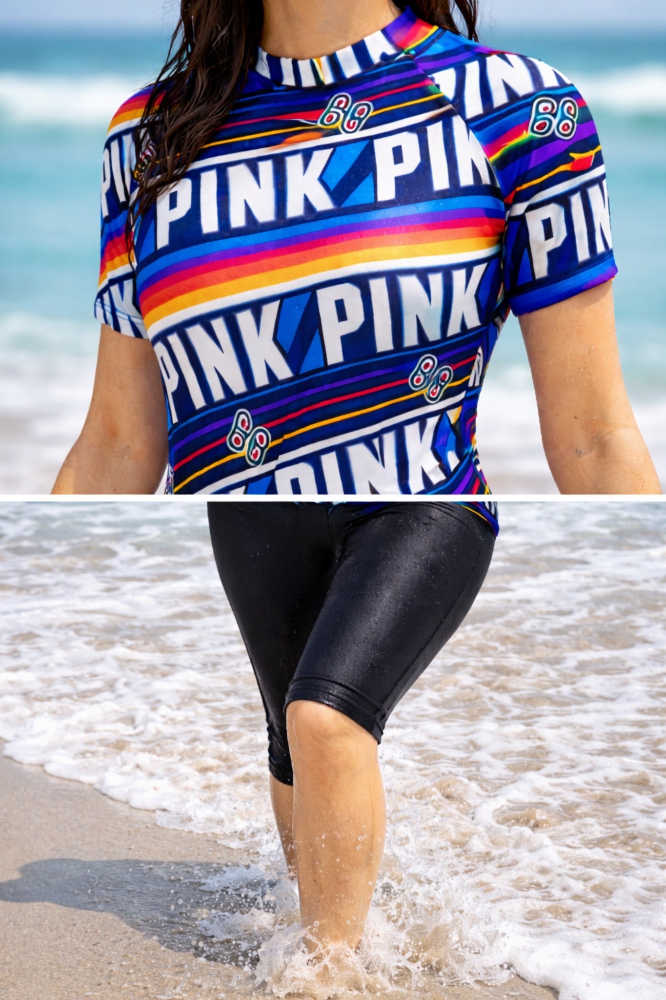 Women Multicolor PINK Print Swim Top with Black Knee-Length Swim Leggings Set
