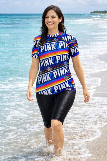 Women Multicolor PINK Print Swim Top with Black Knee-Length Swim Leggings Set
