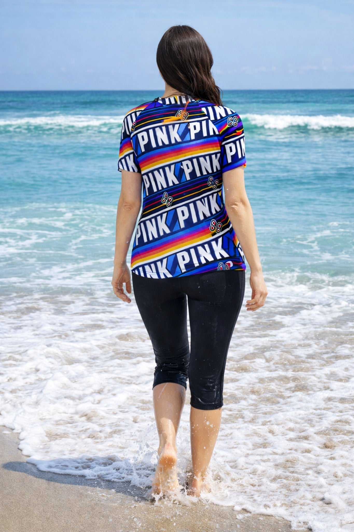 Women Multicolor PINK Print Swim Top with Black Knee-Length Swim Leggings Set