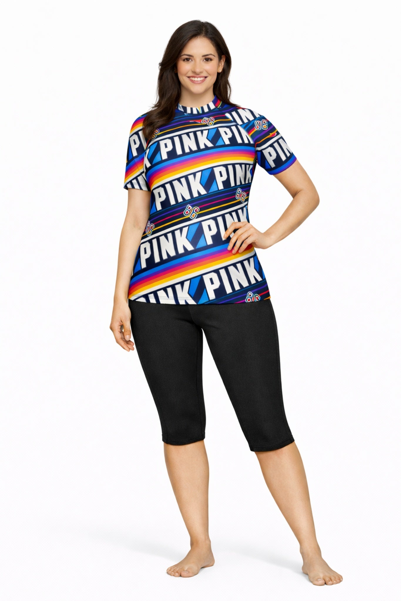 Women Multicolor PINK Print Swim Top with Black Knee-Length Swim Leggings Set