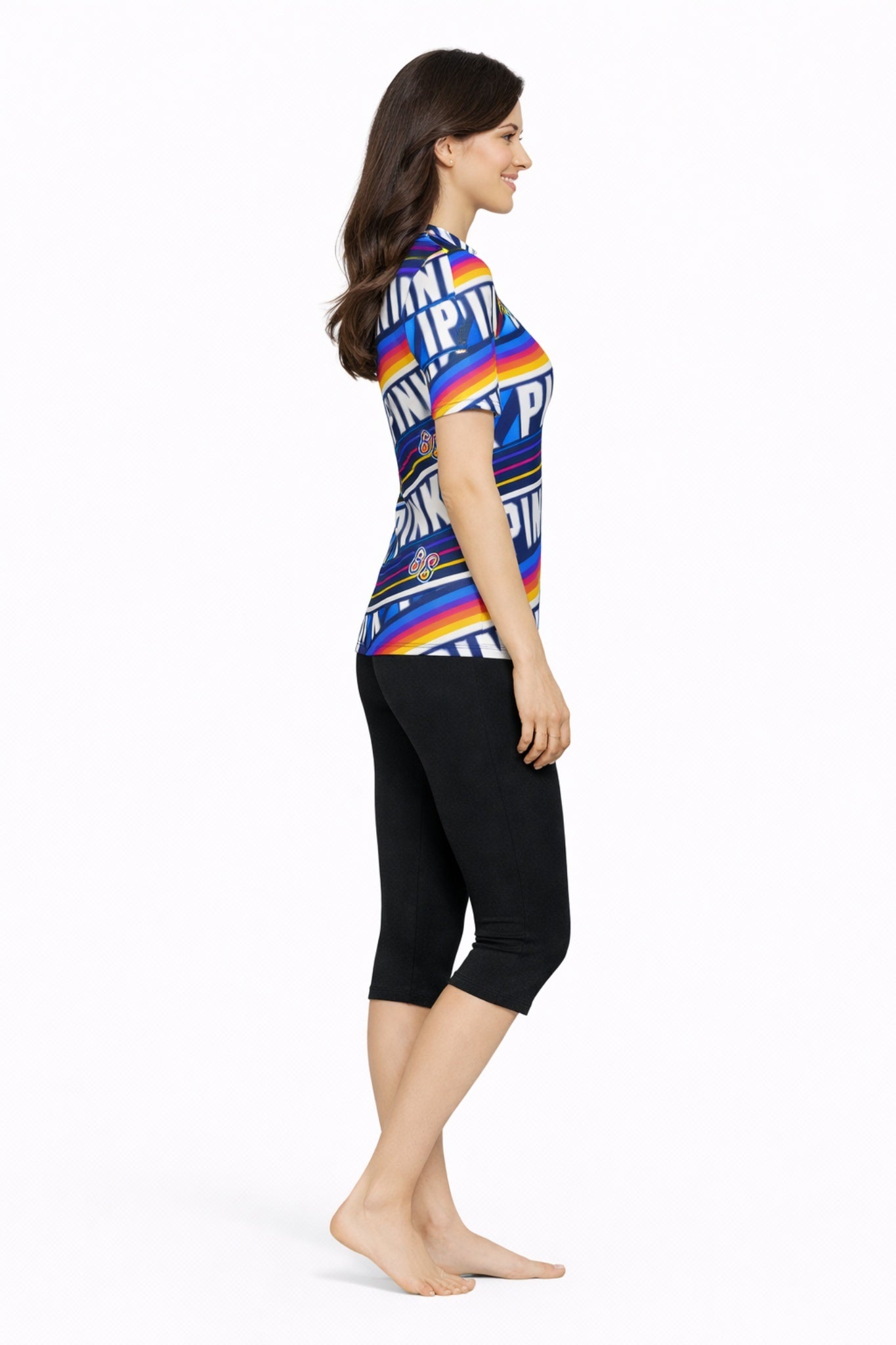 Women Multicolor PINK Print Swim Top with Black Knee-Length Swim Leggings Set
