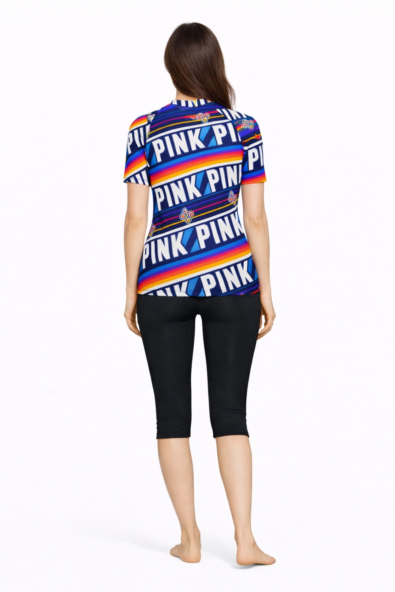 Women Multicolor PINK Print Swim Top with Black Knee-Length Swim Leggings Set