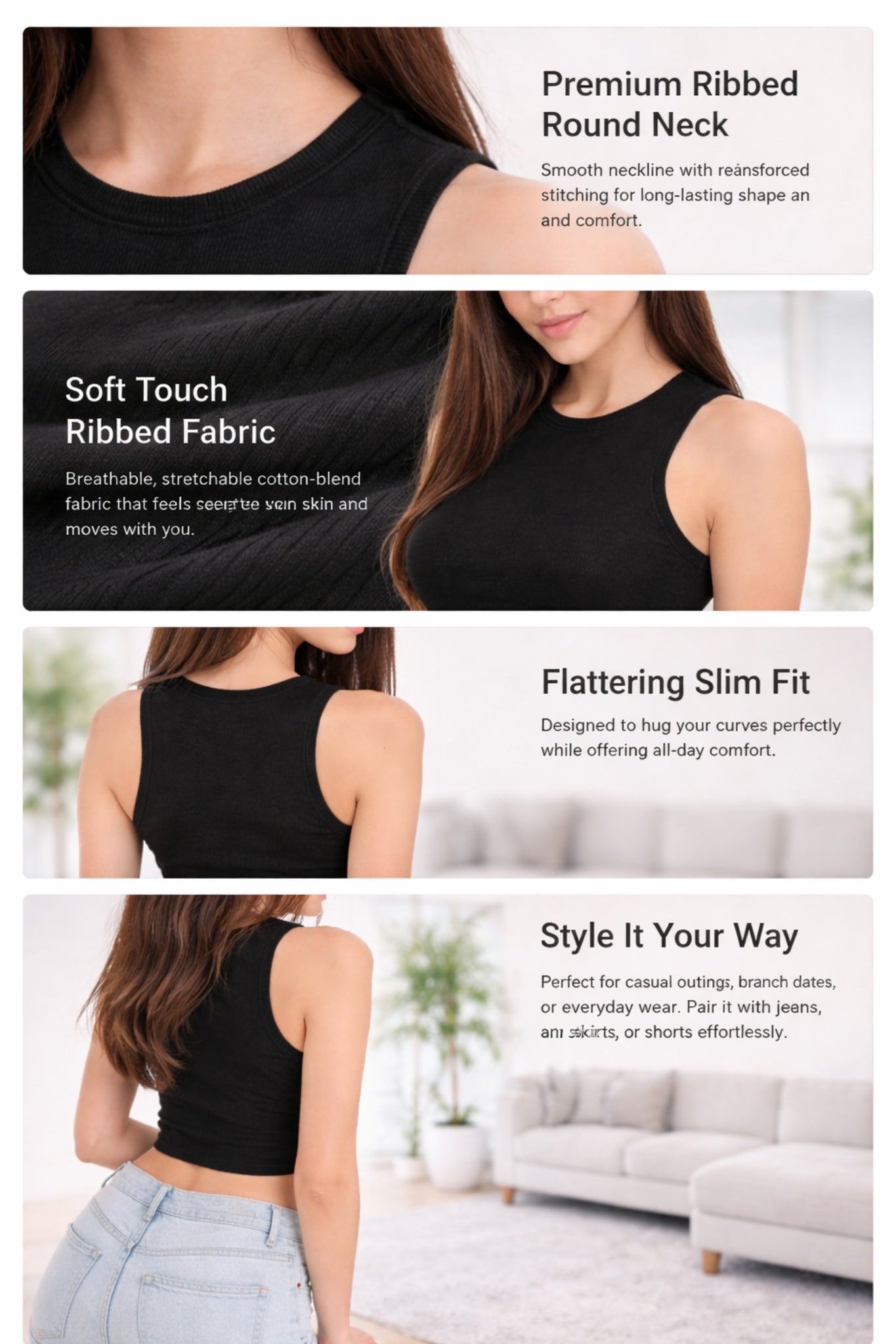 Women Solid Black Ribbed Sleeveless Regular Fit Top