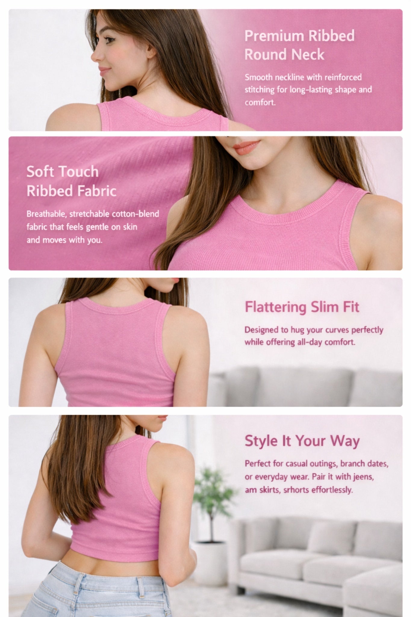 Women Solid Baby Pink Ribbed Sleeveless Stretchable Casual Crop Top