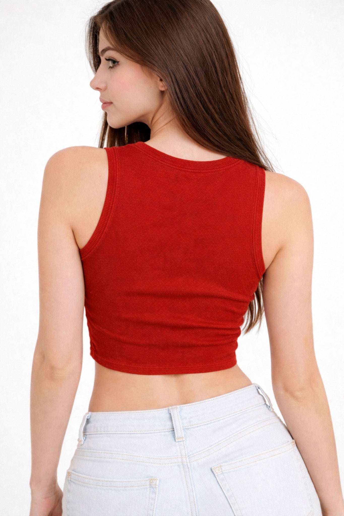Women Solid Red Ribbed Sleeveless Stretchable Casual Crop Top