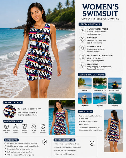 Women’s Printed Swimsuit with Built-In Shorts | 4-Way Stretch | Quick Dry Swimwear