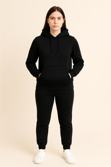 Women’s Hoodie Tracksuit Set – Black (Polyester Fleece)