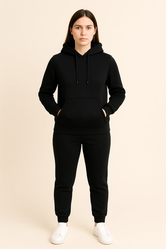 Women’s Hoodie Tracksuit Set – Black (Polyester Fleece)