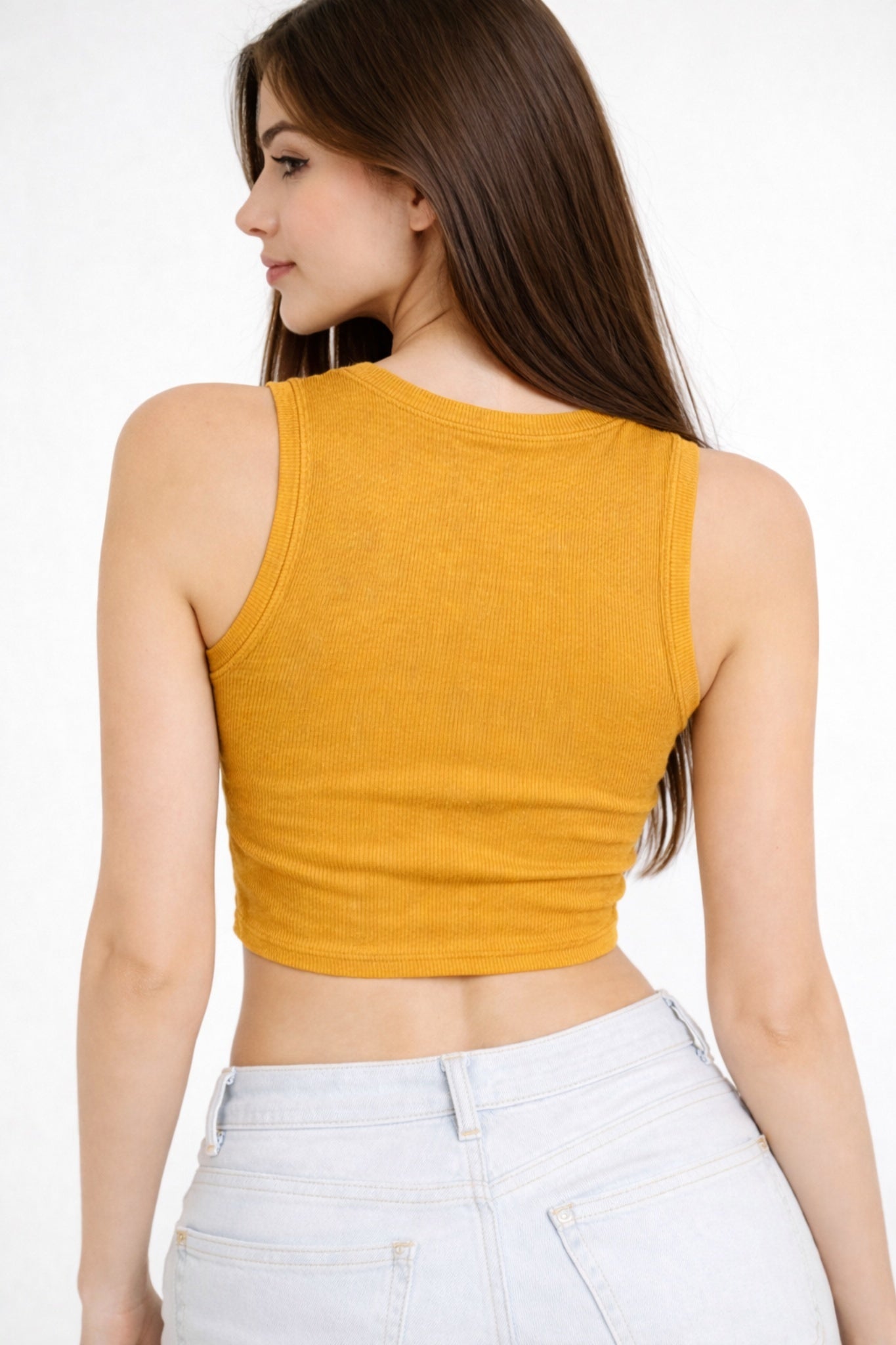 women’s solid mustard yellow sleeveless ribbed crop top