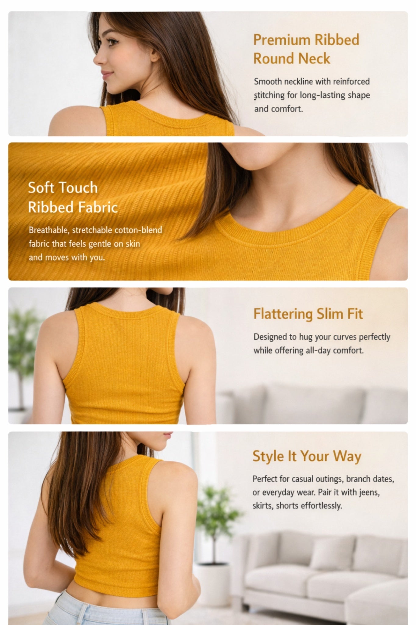 women’s solid mustard yellow sleeveless ribbed crop top